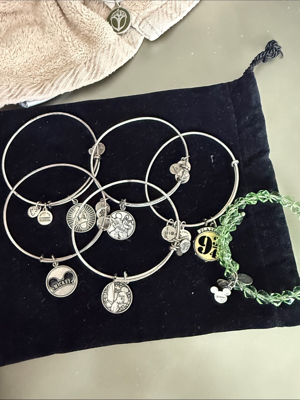 Alex and Ani Silver Charm Bangle Set with Green Beaded Bracelet all Disney set 6